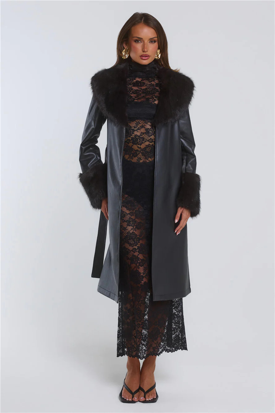 The Front Row Belted Faux Leather Fur Coat Black | Hello Molly (US)