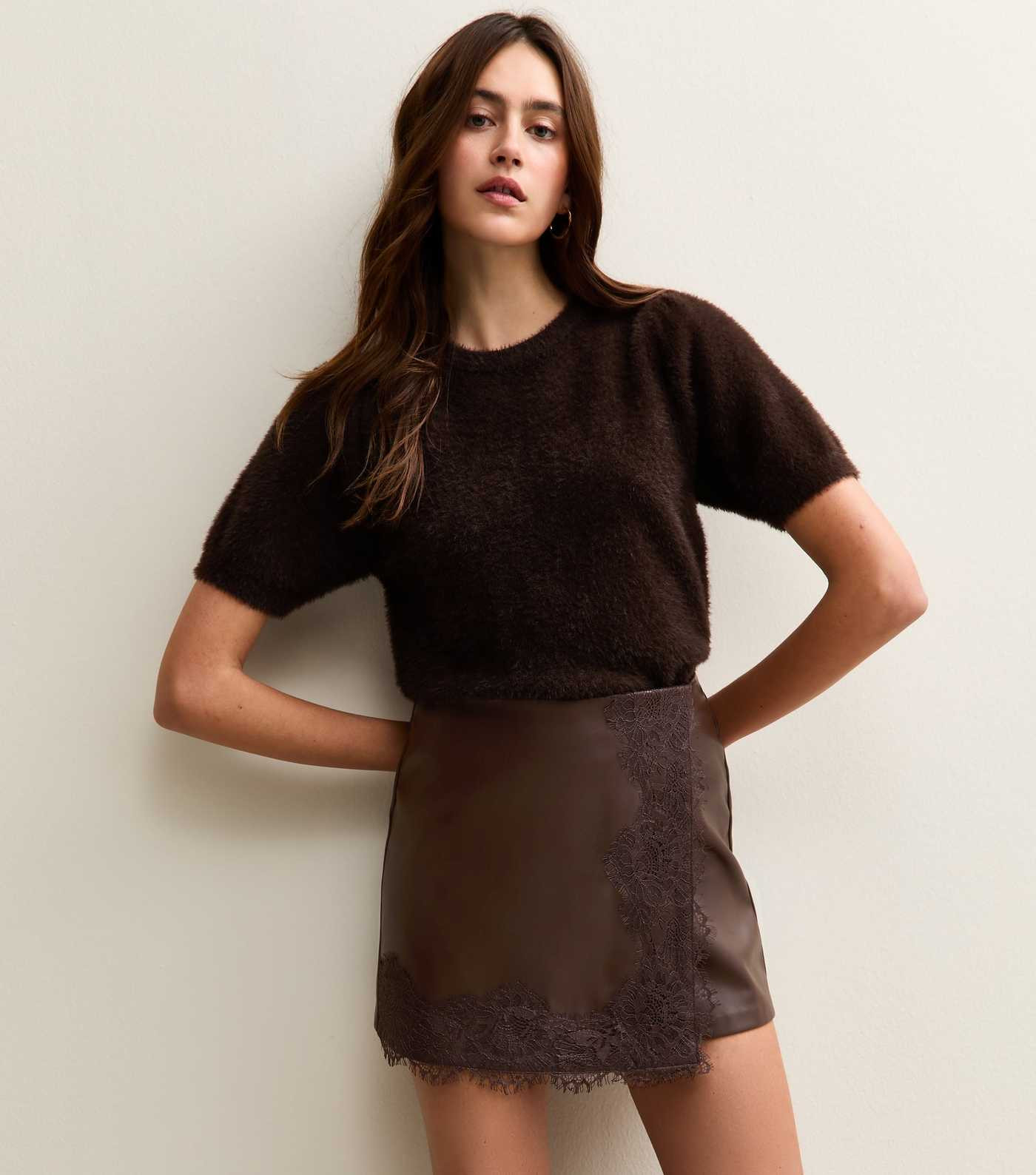 Brown Faux Leather Lace Trim Wrap Mini Skort | New Look | New Look (UK)
