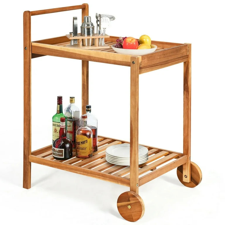 Gymax 2-Tier Acacia Rolling Kitchen Trolley Cart Dining Serving Cart Outdoor w/ Wheels - Walmart.... | Walmart (US)