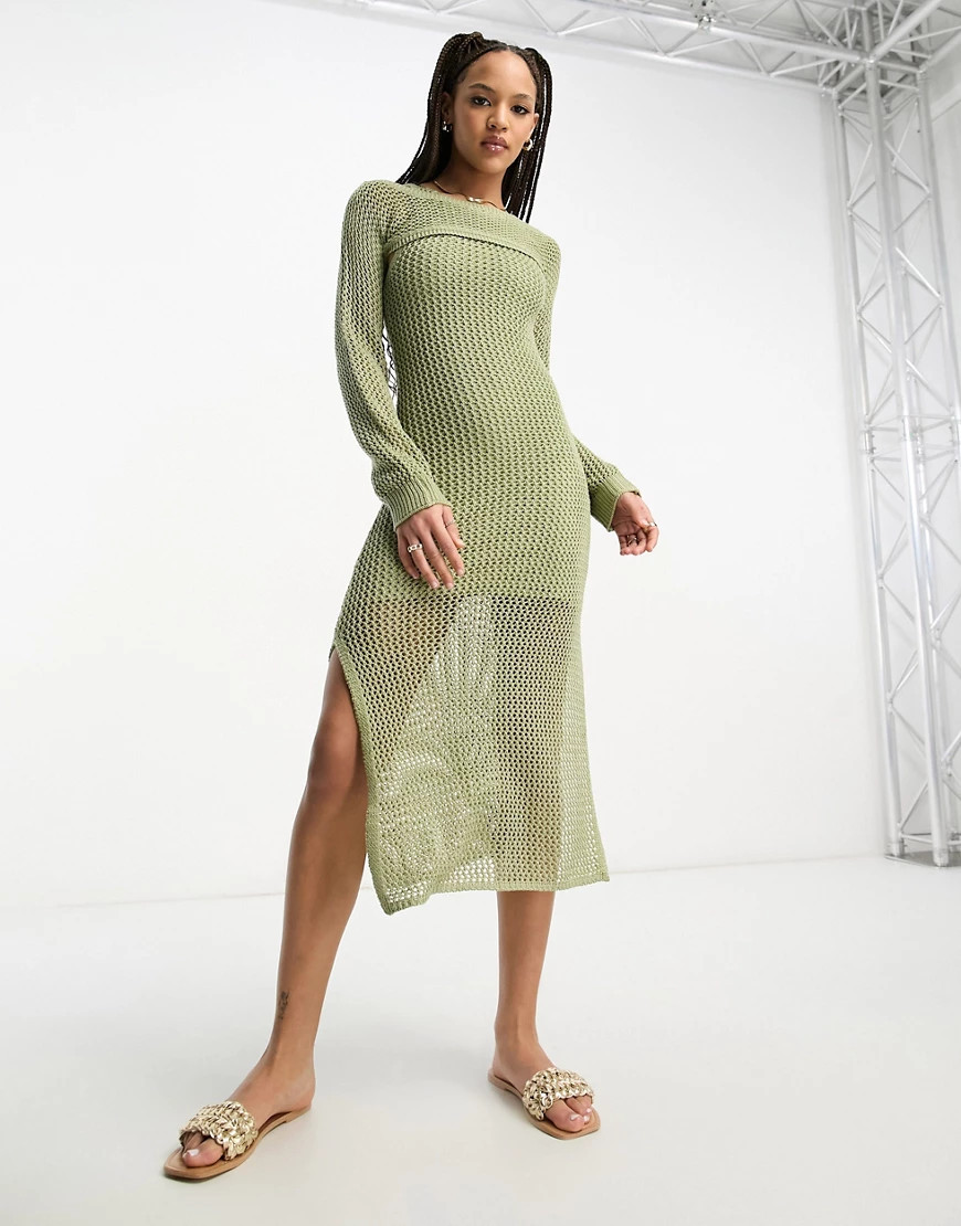 Stradivarius 2in1 crochet maxi dress in khaki-Green | ASOS (Global)