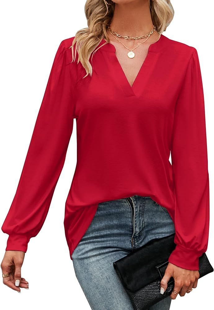 BMJL Womens Work Blouse Dressy Business Casual Tops Long Lantern Sleeve V Neck Office Fall Shirt | Amazon (US)