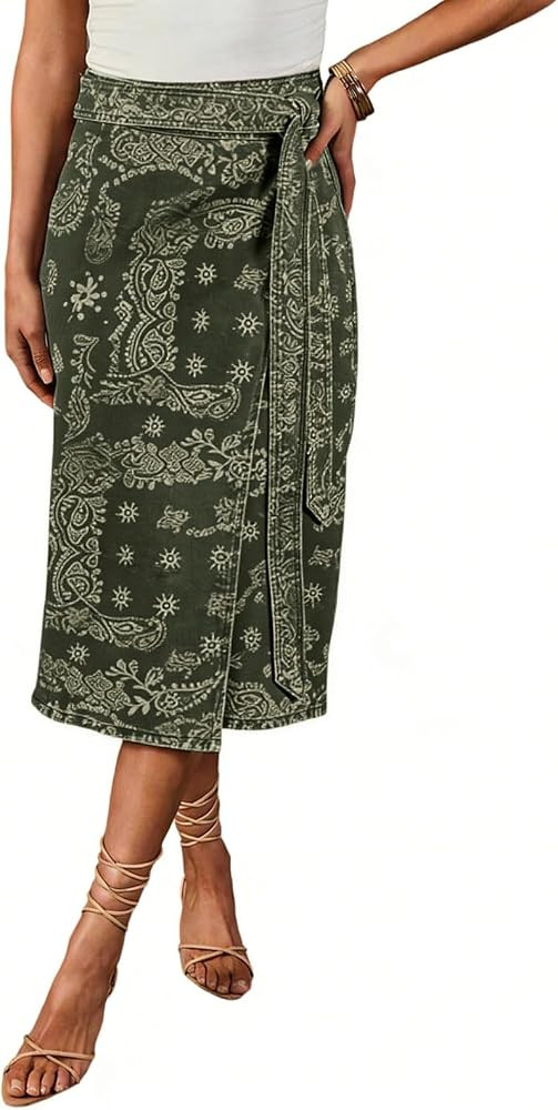 CHARTOU Women Western Wrap Denim Skirt Floral Print High Waist Tie Side Slit Midi Jean Pencil Ski... | Amazon (US)