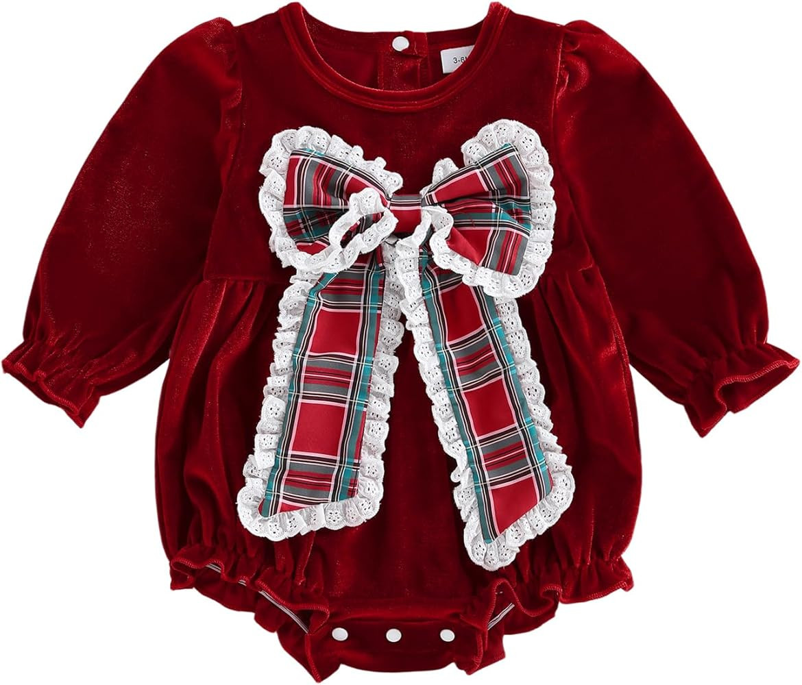 Baby Girl Christmas Outfit Velvet Bow Smocked Bubble Romper Ruffle Onesie Bodysuit Infant Fall Wi... | Amazon (US)
