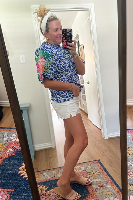 Cutest blue floral embroidered top. Wearing a size small. Code FANCY15 for 15% off. Shorts are a size small 

#LTKunder100 #LTKSeasonal #LTKFind