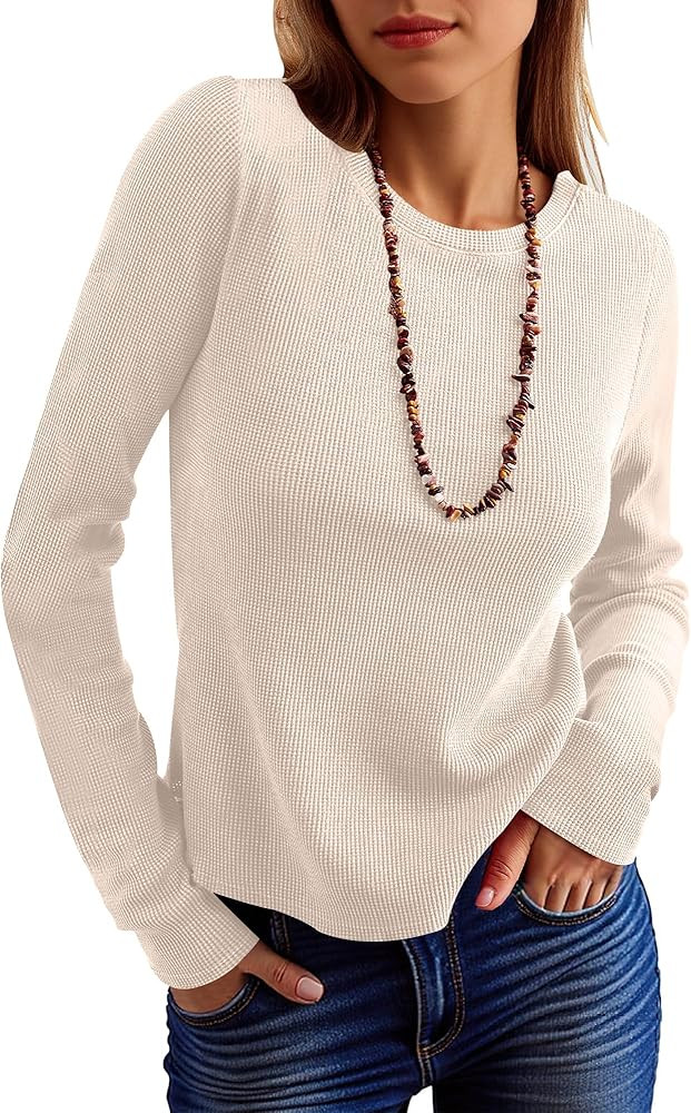 ANRABESS Women's Long Sleeve Waffle Knit Shirts Casual Slim Fitted Crew Neck Thermal Tops Basic T... | Amazon (US)