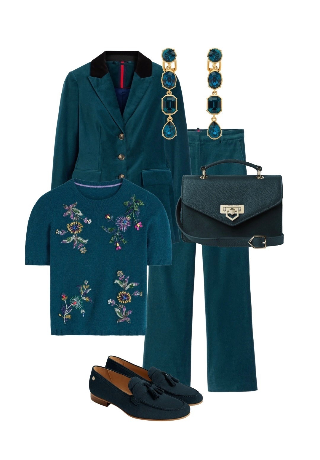 Happy Teal Tuesday! If you want to be warm but look cool during party season, the classic velvet suit is the answer! Team with sexy teal accessories including statement earrings! ✨ 

Velvet Jacket, Velvet Trousers and Embellished Knit - NEW at Boden

Teal Handbag and Teal Suede Loafers - NEW at Fairfax & Favor 

Montana Teal  Statement Drop Earrings - Emma Holland at Wolf and Badger 

#LTKbag #LTKshoes #LTKautumn #LTKstyletip #LTKluxury

#LTKdatenight #LTKuk #LTKeurope