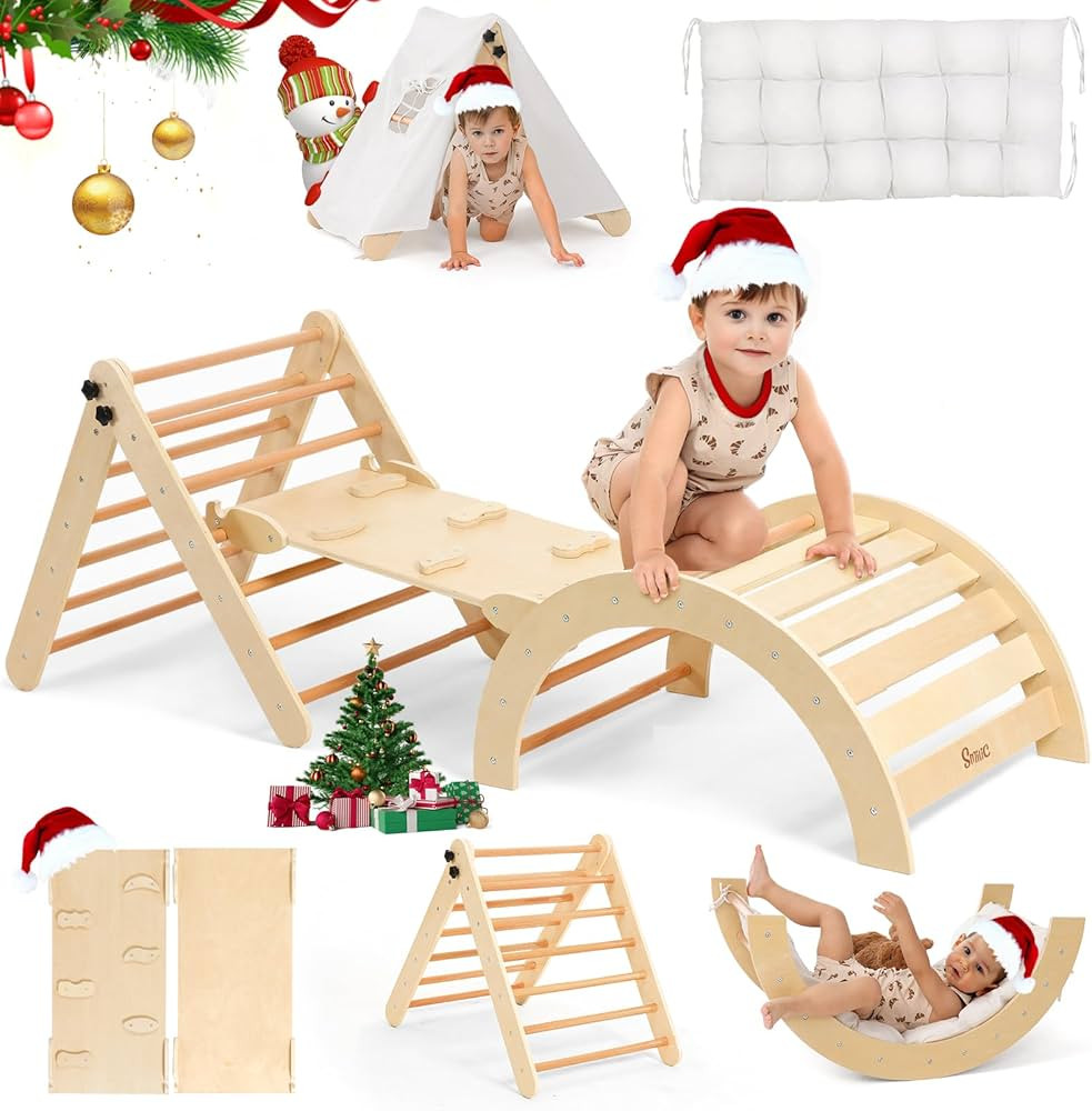 Pikler Triangle Set with Cushion, 8-in-1 Toddler Climbing Toys Indoor, Wooden Montessori Climbing... | Amazon (US)