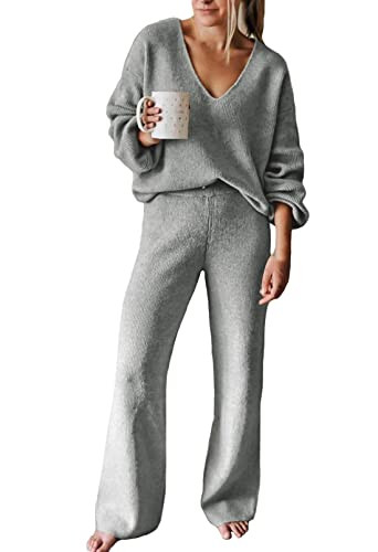 Viottiset Women's 2 Piece Outfits Casual V Neck Knit Wide Leg Sweater Lounge Set Sweatsuit | Amazon (US)