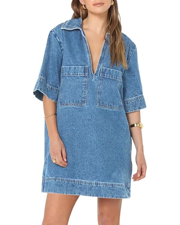 Fisoew Womens Shift Denim Dress Summer Deep V Neck Half Sleeve Collared Loose Mini Jean Dress wit... | Amazon (US)