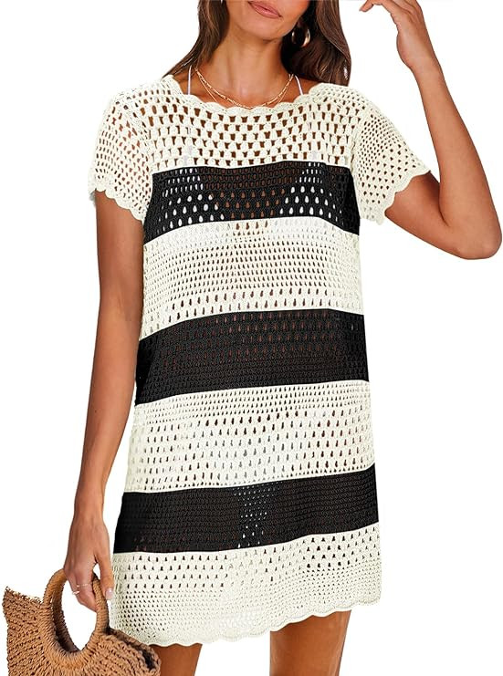 ANRABESS Women Swimsuit Crochet Swim Cover Up Summer Bathing Suit Swimwear Knit Short Sleeve Pull... | Amazon (US)