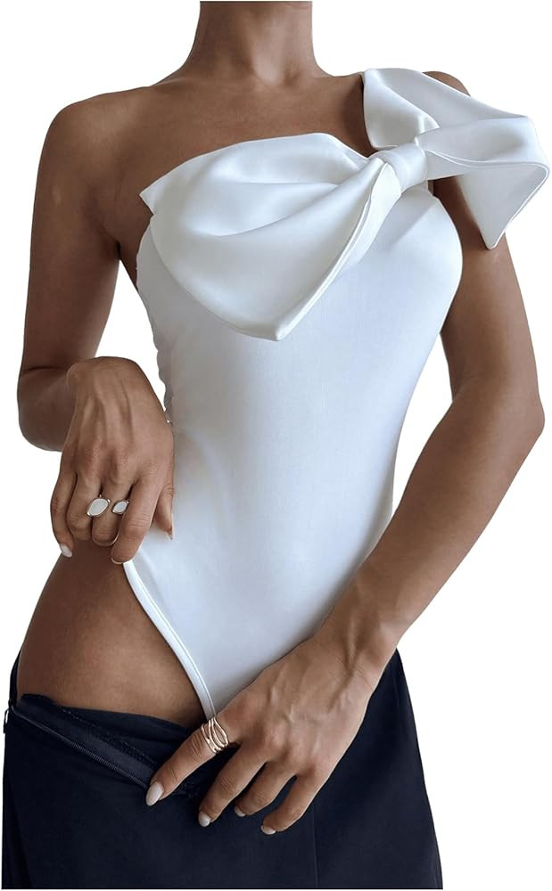 SHENHE Women's One Shoulder Sleeveless Big Bow Front Elegant Fitted Tank Top Bodysuit | Amazon (US)