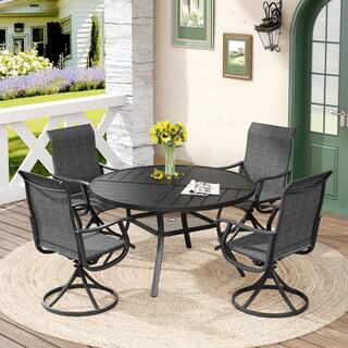 5-Piece Metal Outdoor Dining Set with 40.6 Black Round Table and 4 Dark Gray Swivel Dining Chairs | The Home Depot