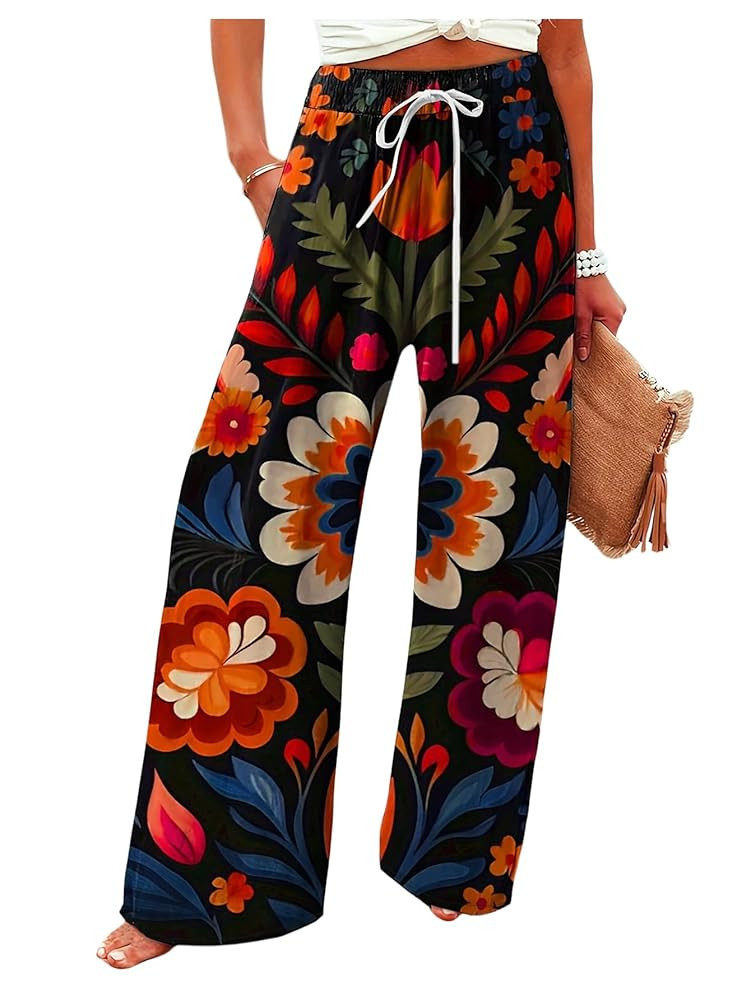 SOLY HUX Women's High Waisted Boho Floral Pants Summer Beach Vacation Loose Palazzo Trousers | Amazon (US)