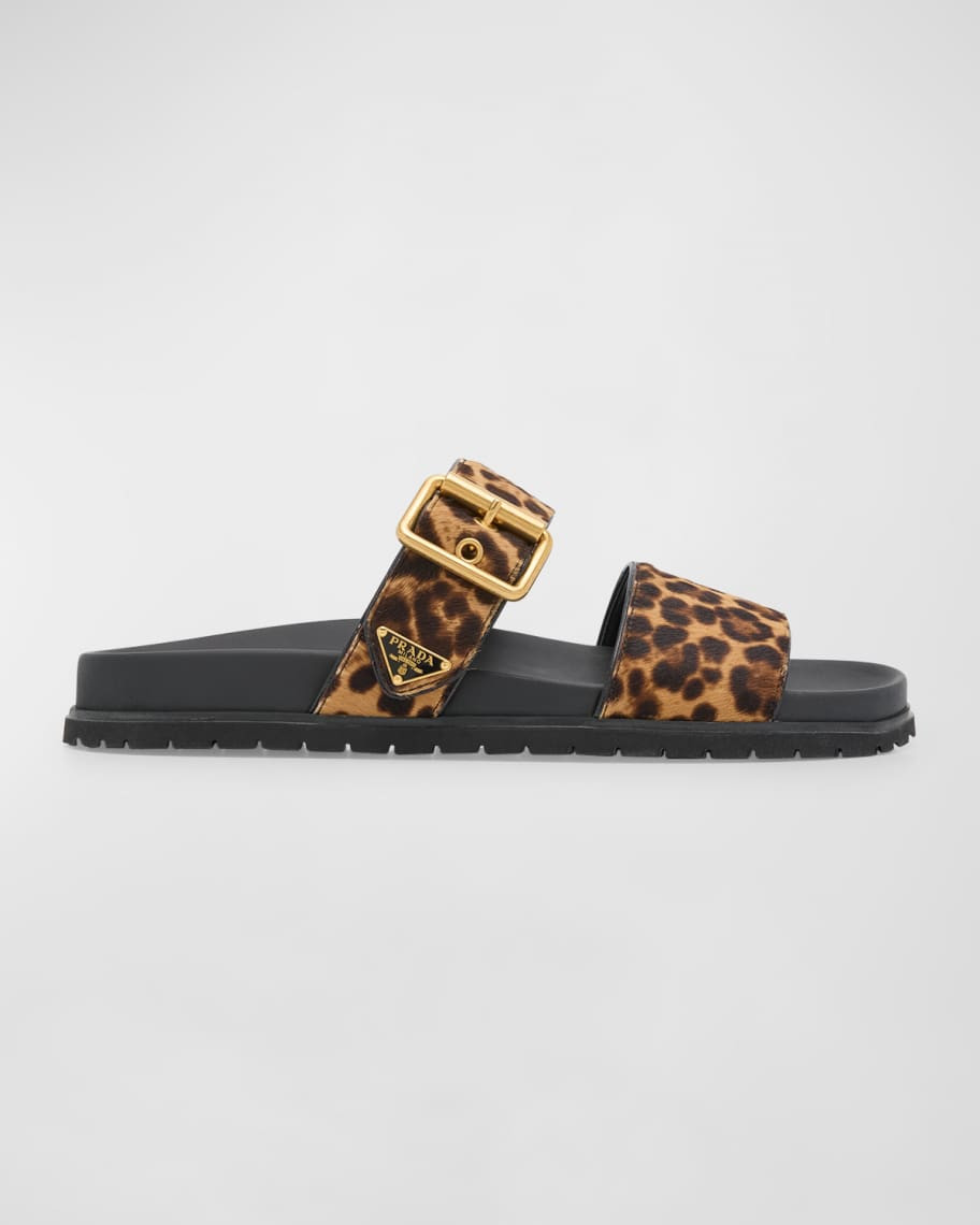 Prada Leopard Buckle Sporty Slide Sandals | Neiman Marcus