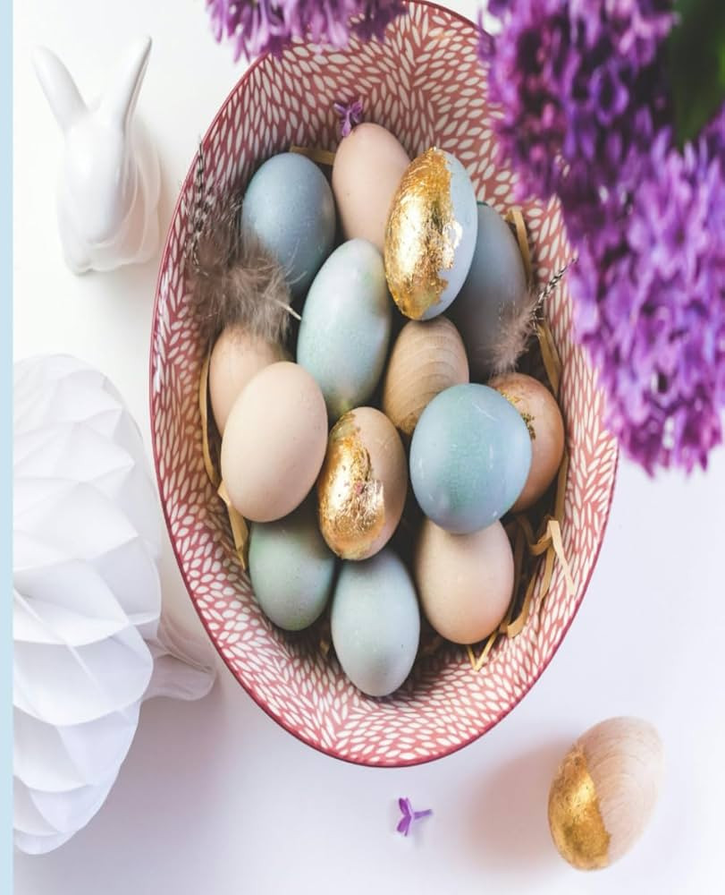 Composition Notebook: Bowl with pastel and golden eggs, purple lilacs and porcelain white bunny. | Amazon (US)