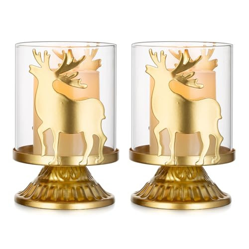 Sziqiqi Christmas Reindeer Candle Holders - Rustic Gold Deer Decor Hurricane Candle Holder Set of 2 Decorative Candleholder for Xmas Table Centerpieces Fireplace Decoration | Amazon (US)