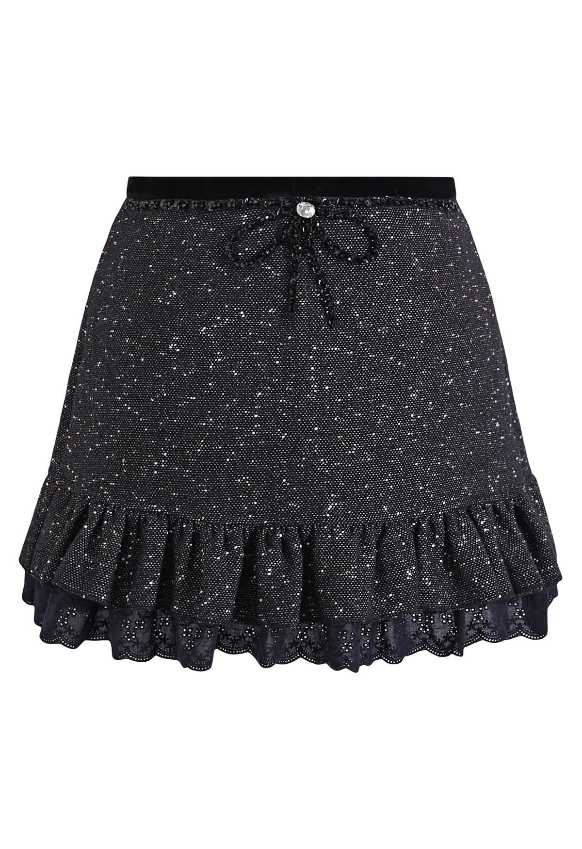 Rhinestone Bow Eyelet Lace Hem Tweed Mini Skirt | Chicwish