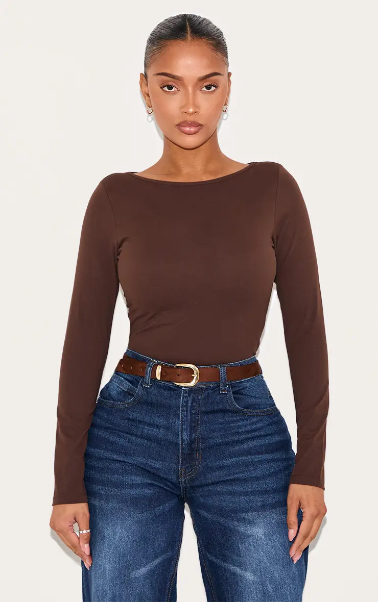 Chocolate Sculpt Built In Bra Boat Neck Long Sleeve T-shirt | PrettyLittleThing USA | PrettyLittleThing US