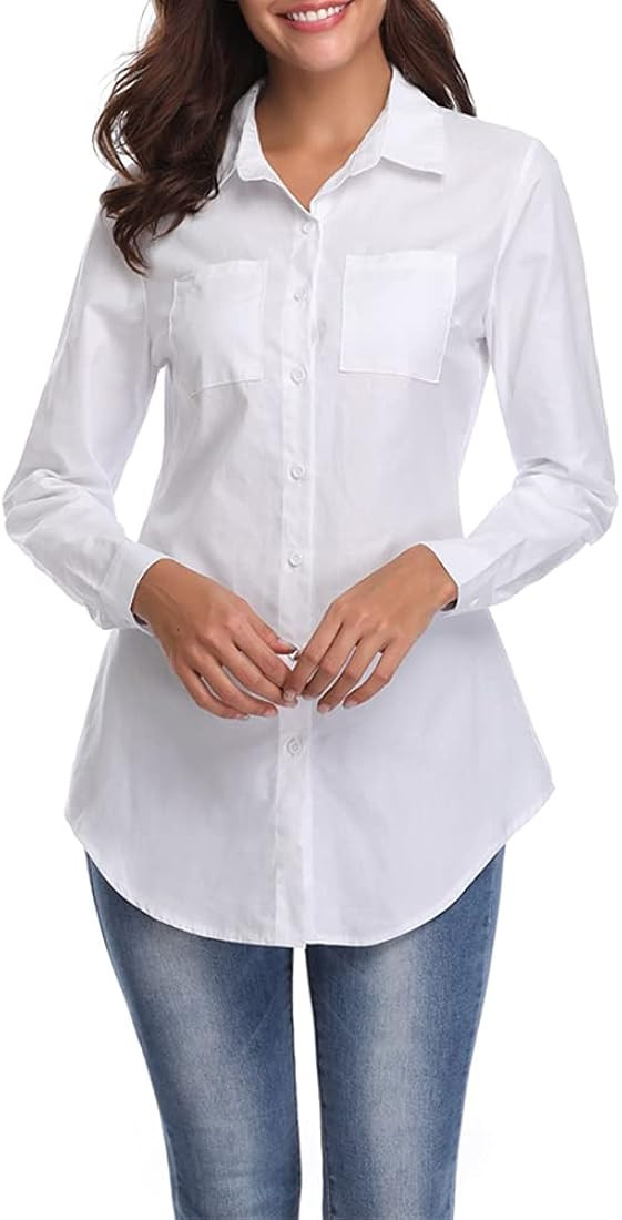 Women's Chambray Button Down Shirt, Long Sleeve Cotton Blouse, Long Jeans Tunic Top | Amazon (US)