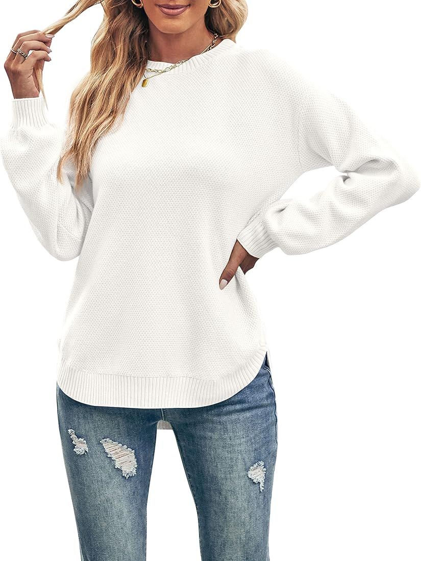 MEROKEETY Women's Long Balloon Sleeve Crew Neck Sweater Tops Waffle Knit Soft Pullover Jumper | Amazon (US)