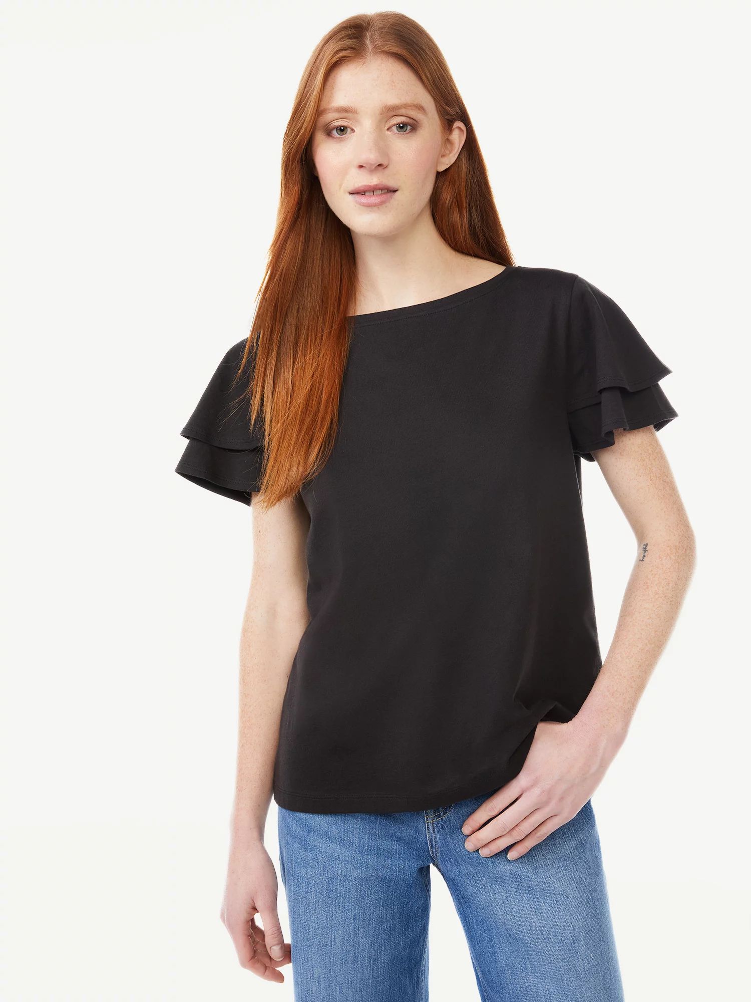 Free Assembly Women's Boatneck Tee with Flutter Sleeves - Walmart.com | Walmart (US)