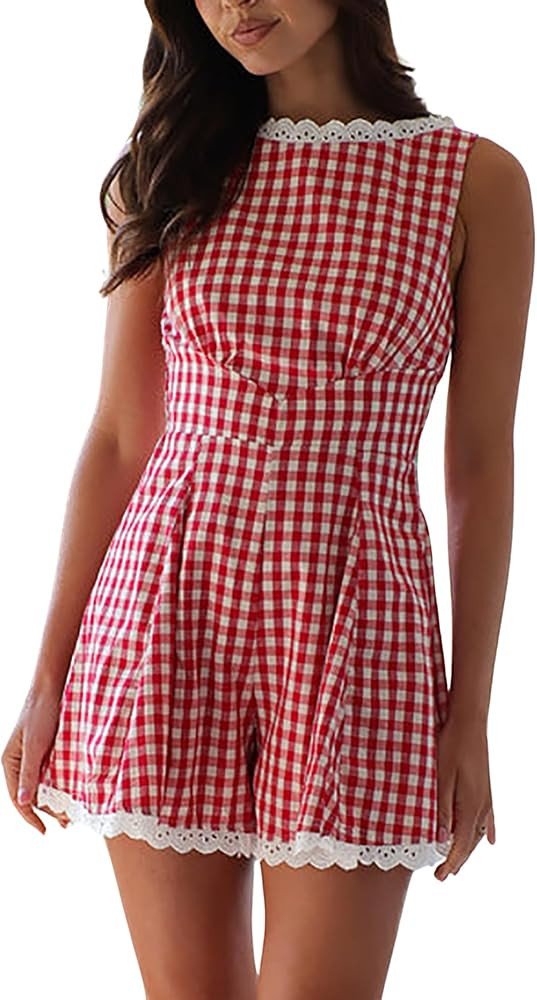 CORIRESHA Women's Elegant Lace Trim Plaid Printed Sleeveless Shorts Jumpsuit Gingham Romper | Amazon (US)