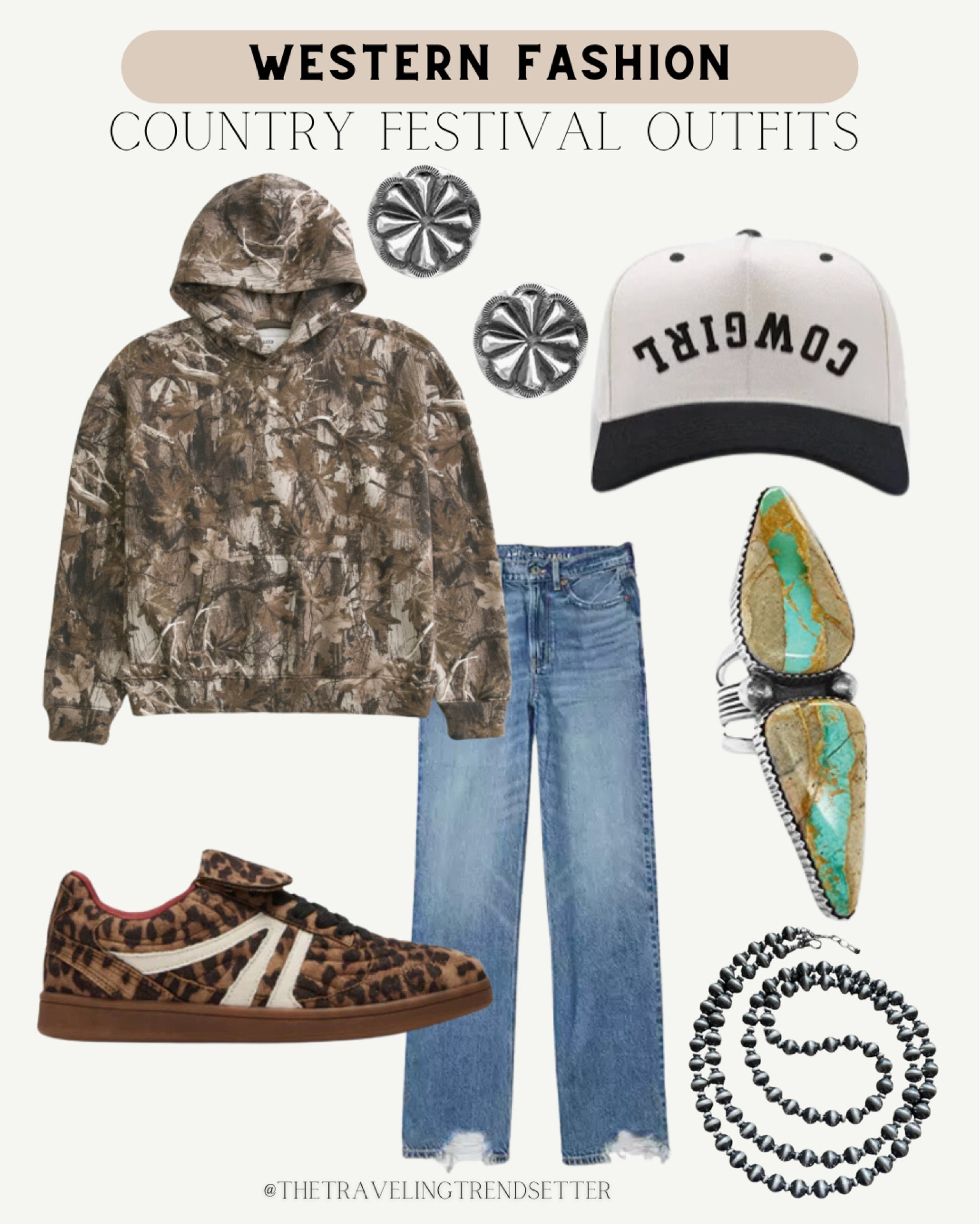 Western fashion country concert outfit ideas -festival outfit - leopard - cheetah sneakers - turquoise western jewelry, Navajo pearls camo hoodie, sweatshirt, winter fall, trucker hat, casual outfit, travel outfit

#LTKFindsUnder100 #LTKStyleTip #LTKFindsUnder50