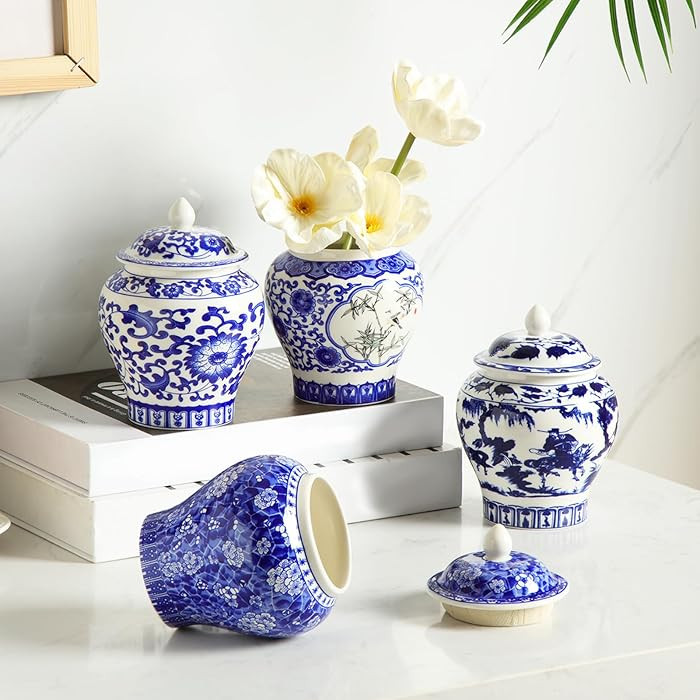 Hushee Small Blue and White Ceramic Ginger Jars Blue Chinoiserie Decor Vases Porcelain Ginger Jar... | Amazon (US)