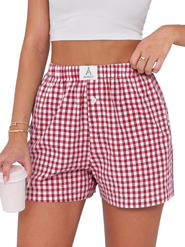 ANRABESS Boxer Shorts for Women Gingham Pajama 2026 Summer Casual Lounge Sleep Plaid Shorts Y2K Beach Bottoms Red White Plaid Medium | Amazon (US)