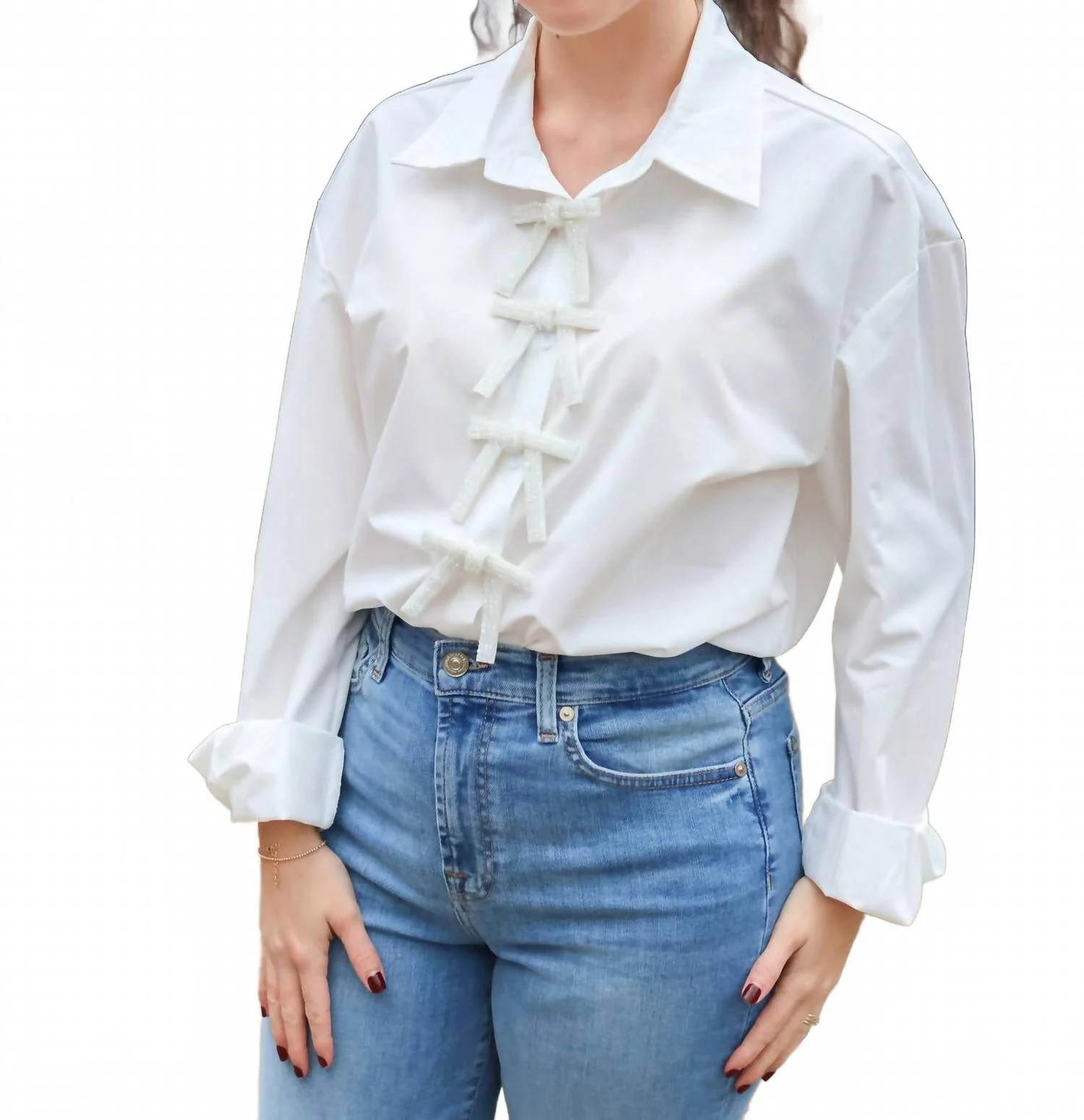 Bow Button Down In White | Shop Simon