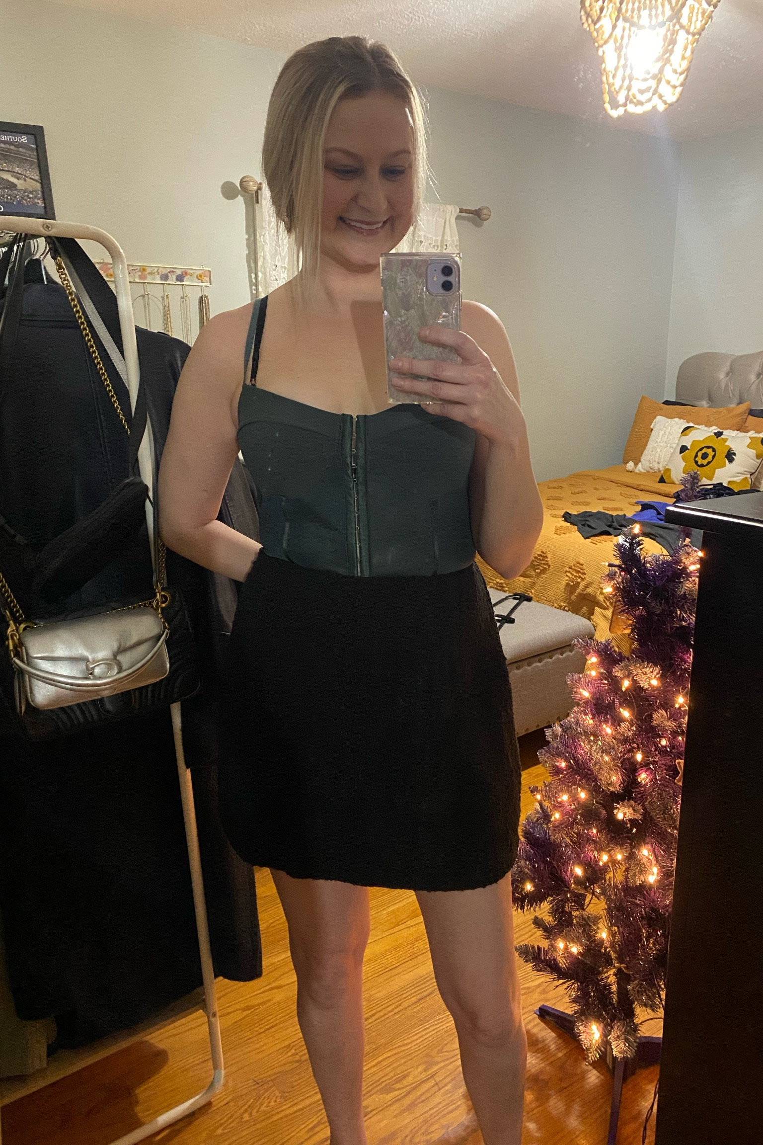 This corset bodysuit is so pretty and can easily be dressed up or dressed down. I would just add a cardigan or blazer and tights for a holiday party! They have tons of colors too! I got an XL but could have gotten a L (size down) The tweed skort is so comfy just a size too big ! Black is sold out but they have all different colors in leather and blue tweed still available. If anyone wants to purchase this one let me know ! I only tried it on and forgot to return it! It’s a size Large from A&F!

#LTKunder100 #LTKHoliday #LTKSeasonal