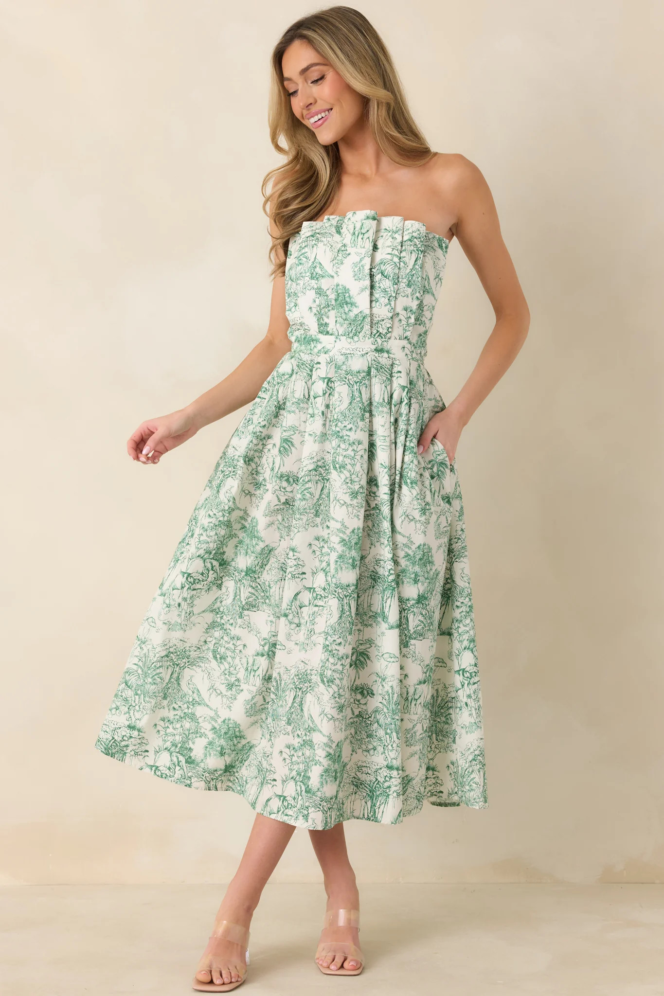 The Genevieve 100% Cotton Green Toile Strapless Midi Dress | Red Dress