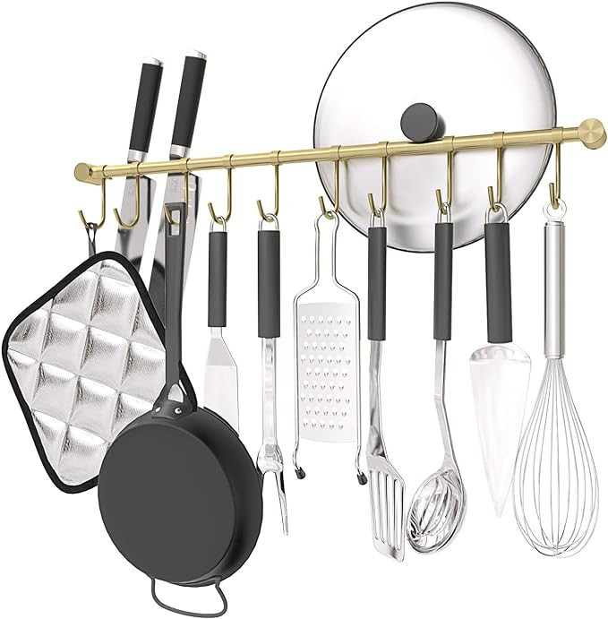 Kitchen Hanging Racks 304 Stainless Steel 20 Inch Rail Utensil Storage Hanger with 10 Pcs Noisele... | Amazon (US)