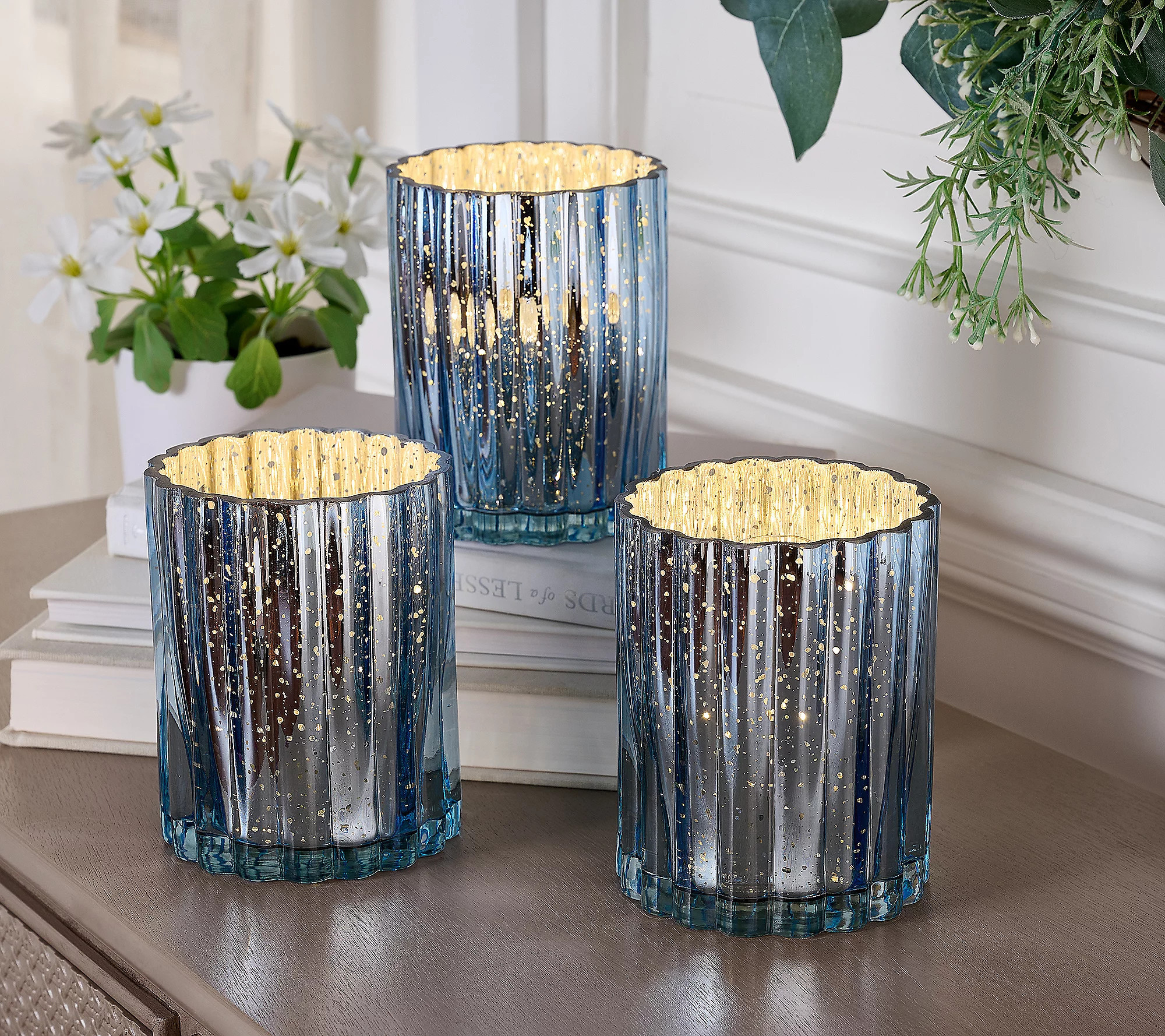 Set-3 Lit Fluted Mini Glass Hurricanes by Valerie | QVC