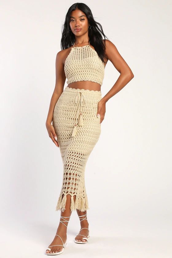 Knit the Beach Beige Crochet Halter Two-Piece Midi Dress | Lulus (US)