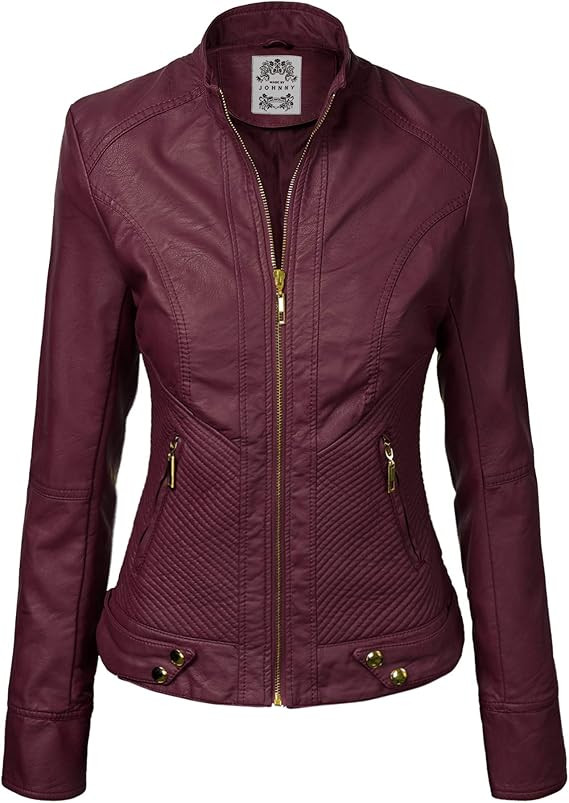Made By Johnny MBJ Womens Faux Leather Zip Up Moto Biker Jacket with Stitching Detail | Amazon (US)