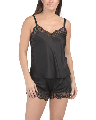 2pc Gabby Satin Camisole And Shorts Set With Lace Trim for Women | Polyester/Spandex/Nylon | Marshalls