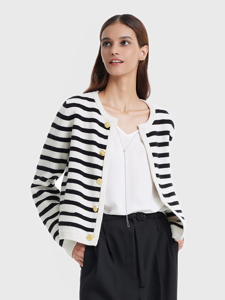 Button Up Woolen Striped Lady Cardigan | GOELIA