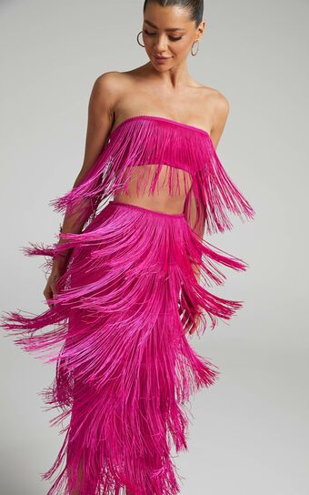 Amalee Fringe Strapless Crop Top and Midi Skirt Two Piece Set in Pink | Showpo (US, UK & Europe)