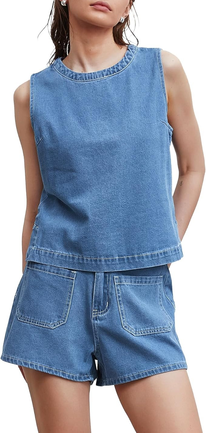 Kedera Summer Denim Set for Women 2 piece Casual Sleeveless Boxy Shirt Tops and Shorts Pants Loun... | Amazon (US)