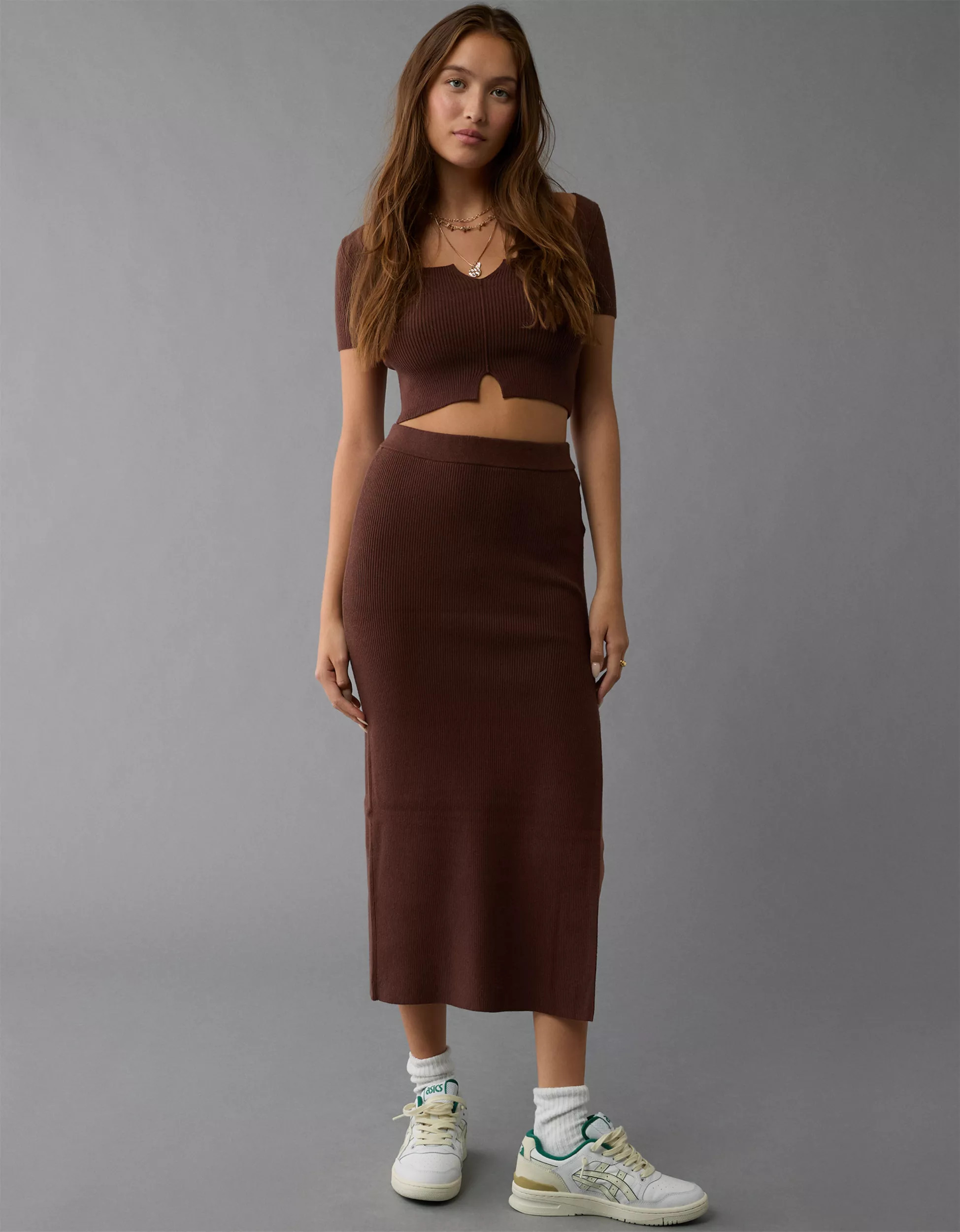 AE High-Waisted Sweater Slit Midi Skirt | American Eagle Outfitters (US & CA)