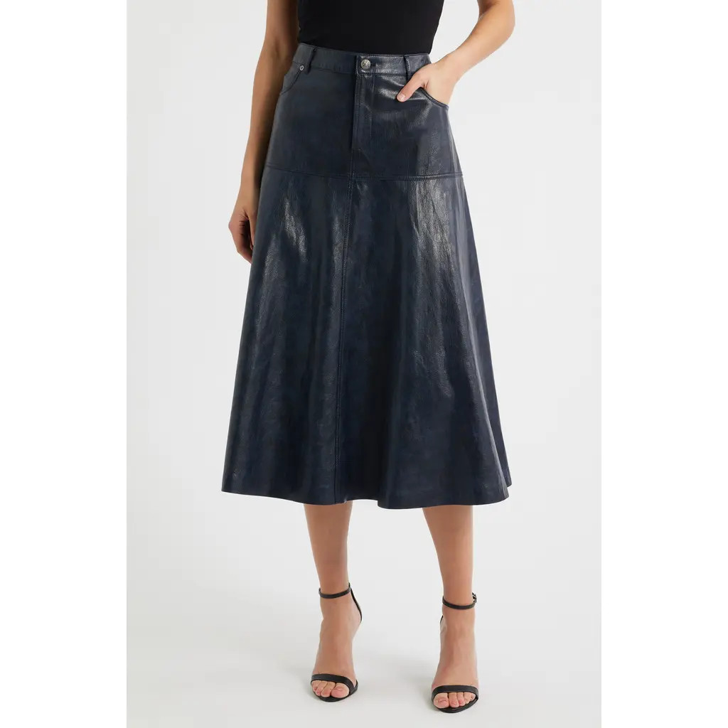 KOBI HALPERIN Rhea Faux Leather Midi Skirt in Navy at Nordstrom, Size 12 | Nordstrom