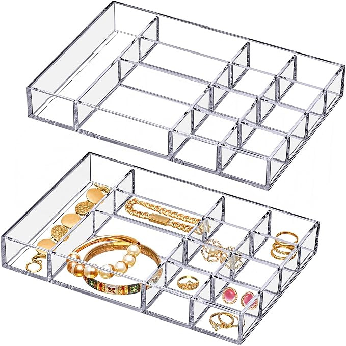 Amazing Abby - Jewel - 2-Pack Acrylic Jewelry Organizer, Plastic Jewelry Tray, Jewelry Case, Trin... | Amazon (US)