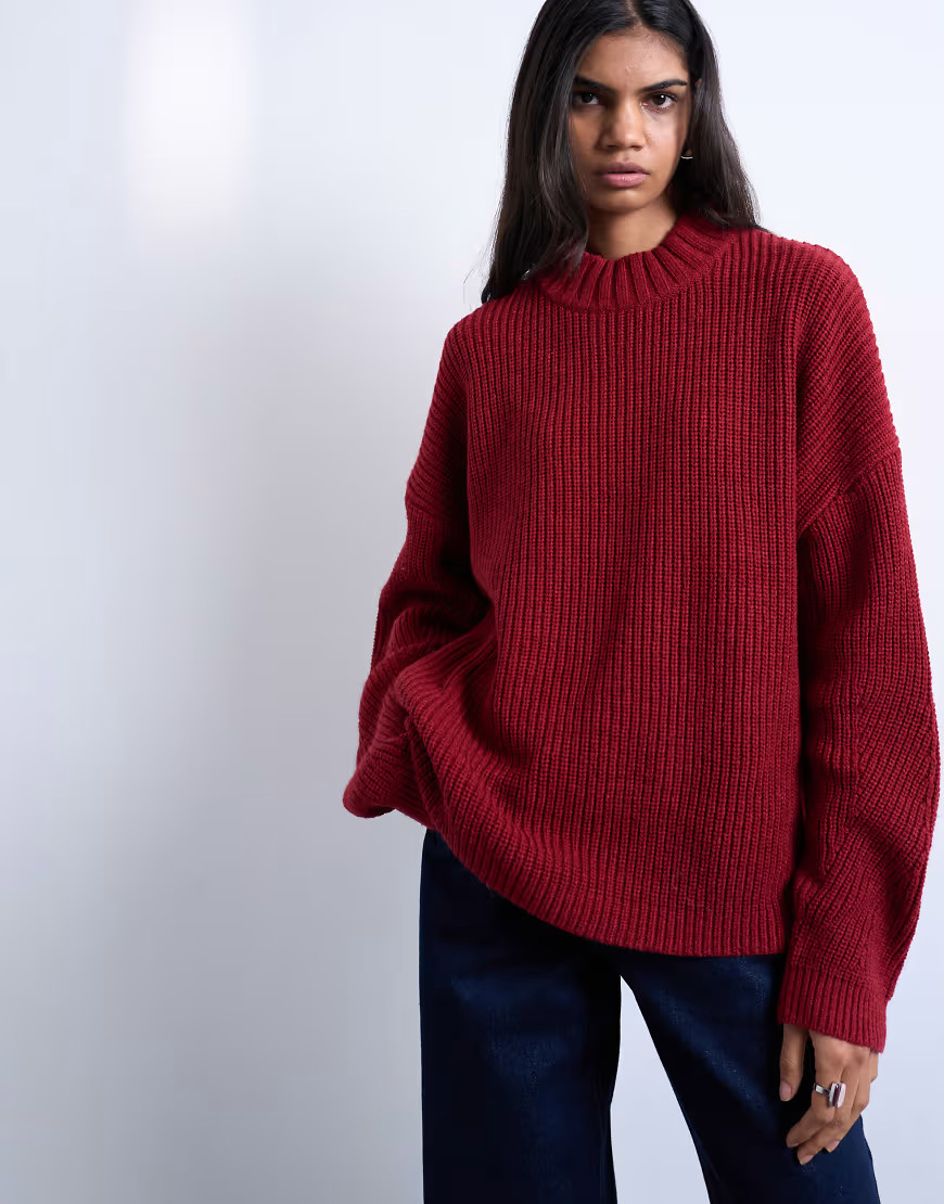 Topshop oversized clean wide neck rib knit sweater in rust-Orange | ASOS (Global)