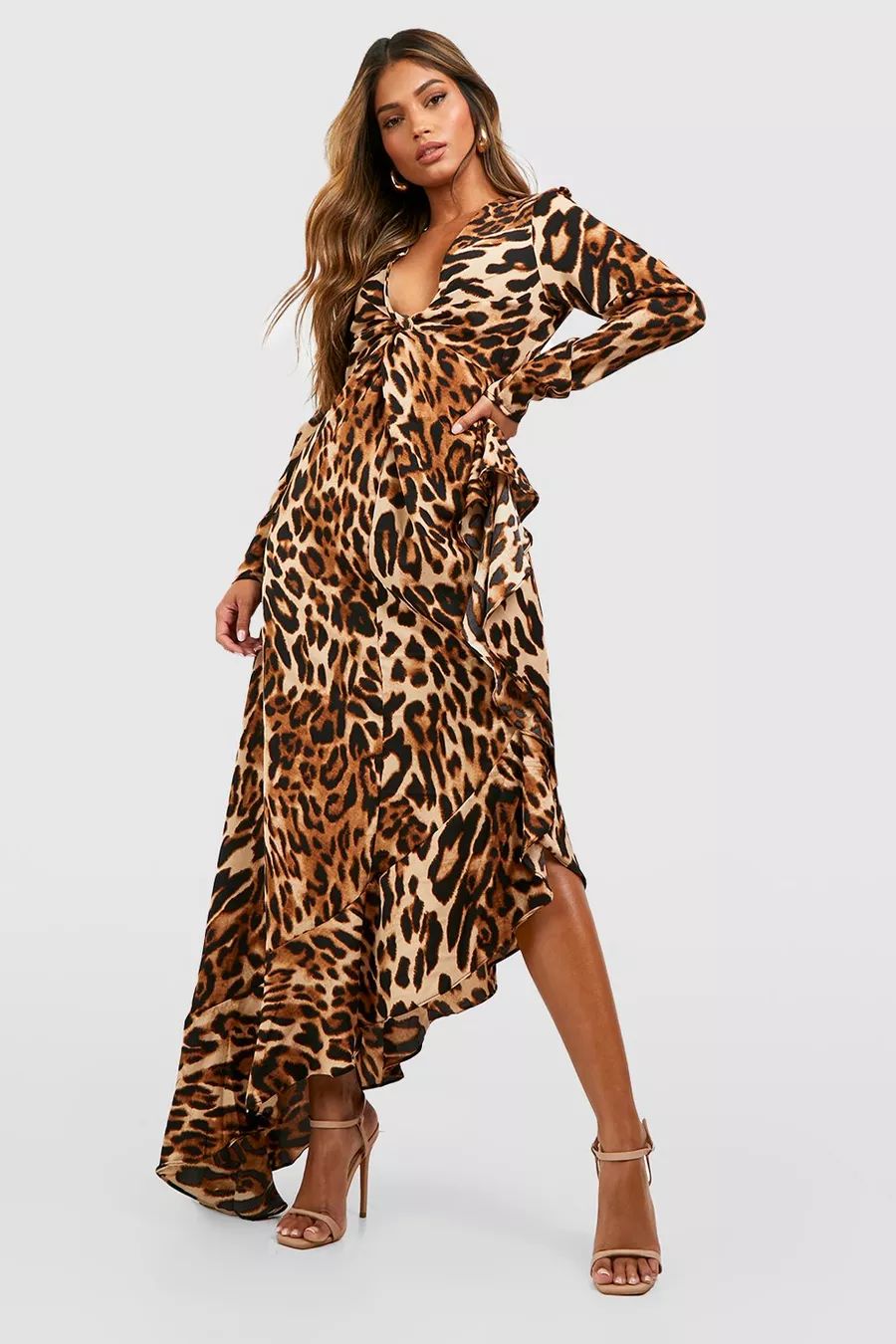 Leopard Print Asymetric Ruffle Hem Maxi Dress | boohoo (US & Canada)