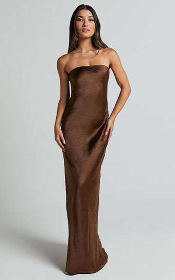 Charlita Maxi Dress - Strapless Cowl Back Satin Dress in Chocolate | Showpo (US, UK & Europe)