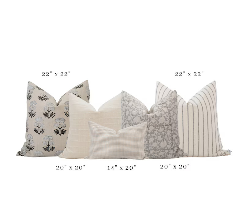 Neutral Gray Pillow Cover Set Block Print Pillow Gray Pillow Set Gray Floral Pillow Neutral Pillo... | Etsy (US)