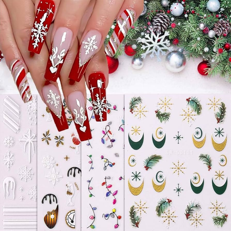 5D Christmas Nail Art Stickers Embossed Snowflake Nail Decals Self-Adhesive Christmas Tree Clock ... | Amazon (US)