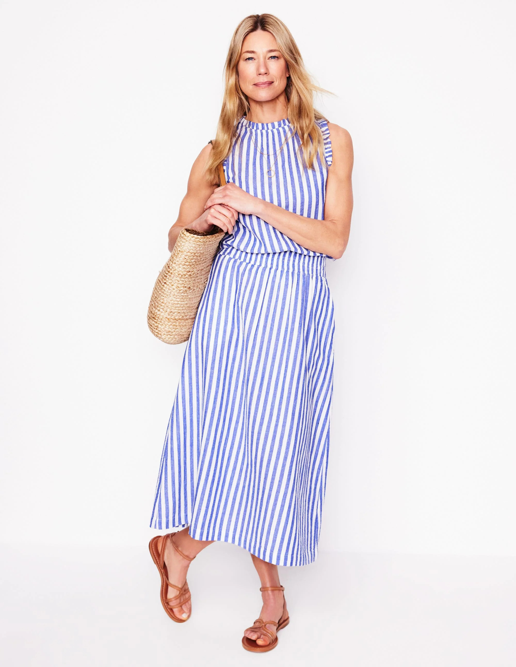 Double Cloth Smocked Skirt-Bright Blue Stripe | Boden UK