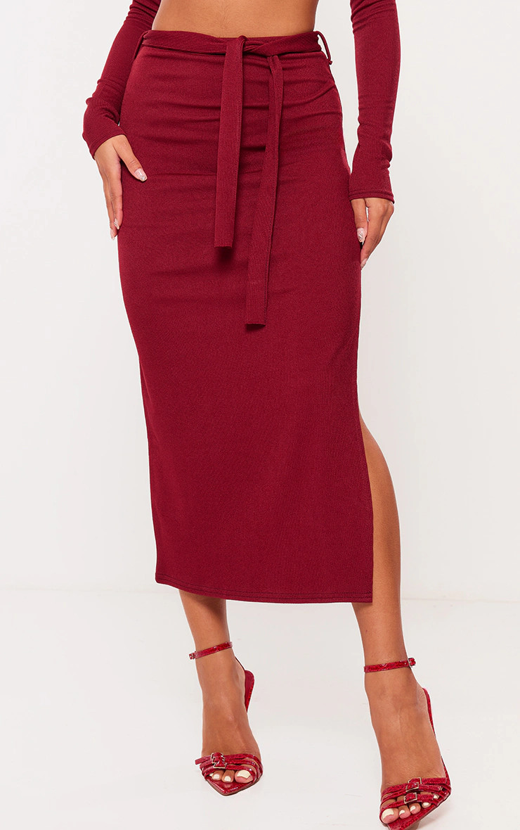 Cherry Red Stretch Rib Tie Waist Midaxi Skirt | PrettyLittleThing UK